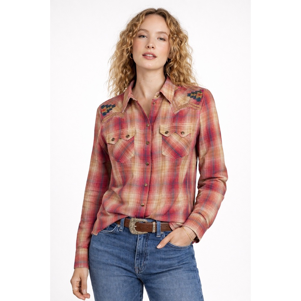 Ariat ReAL Womens Pink Plaid Southwestern Embroidered Western Snap Shirt Large